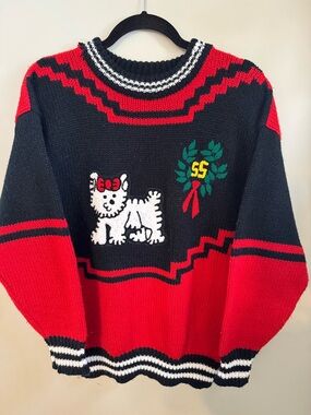 NON-STOP VINTAGE Women's Sweater Dog Black Red White Size LARGE